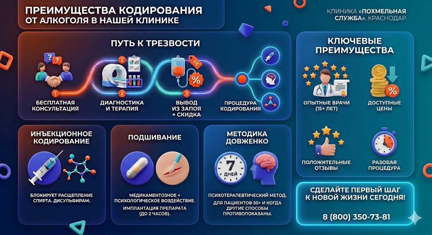 Инфографика о методах кодирования от алкоголя в Ишиме: инъекции, подшивание, метод Довженко. Преимущества клиники и этапы лечения.
